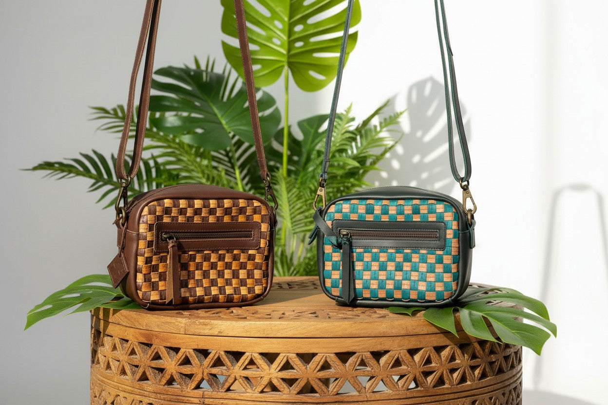 ShopYego Garnet Desert Rose collection flat lay featuring the Bella Crescent Bag, Gode Crossbody, and Shashemene Wallet. Handwoven leather in plum and dusty rose displayed on an olive green picnic blanket with fall leaves, artisan made in Ethiopia.