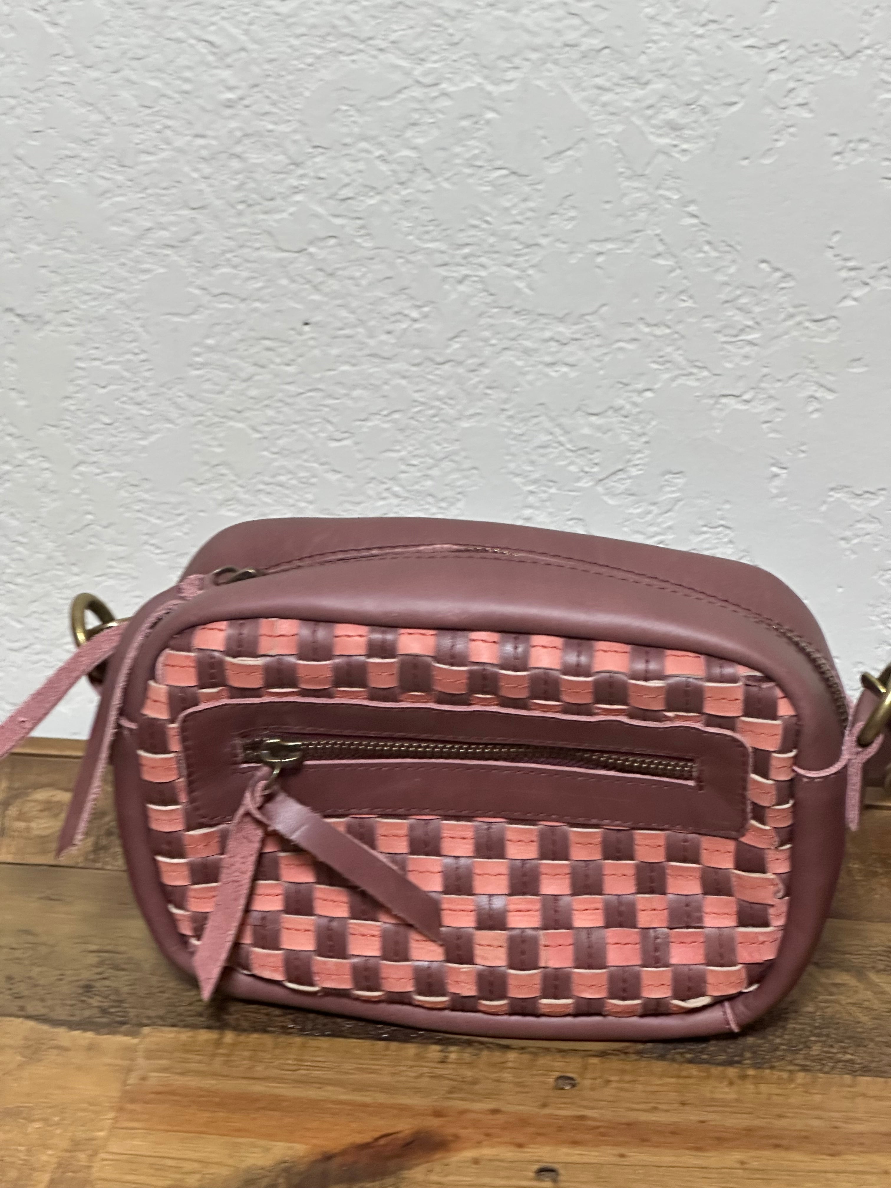 Gode Bag in Garnet Desert Rose — artisan-made upcycled leather bag with handwoven checkered pattern in plum purple, dusty rose pink, and deep burgundy tones