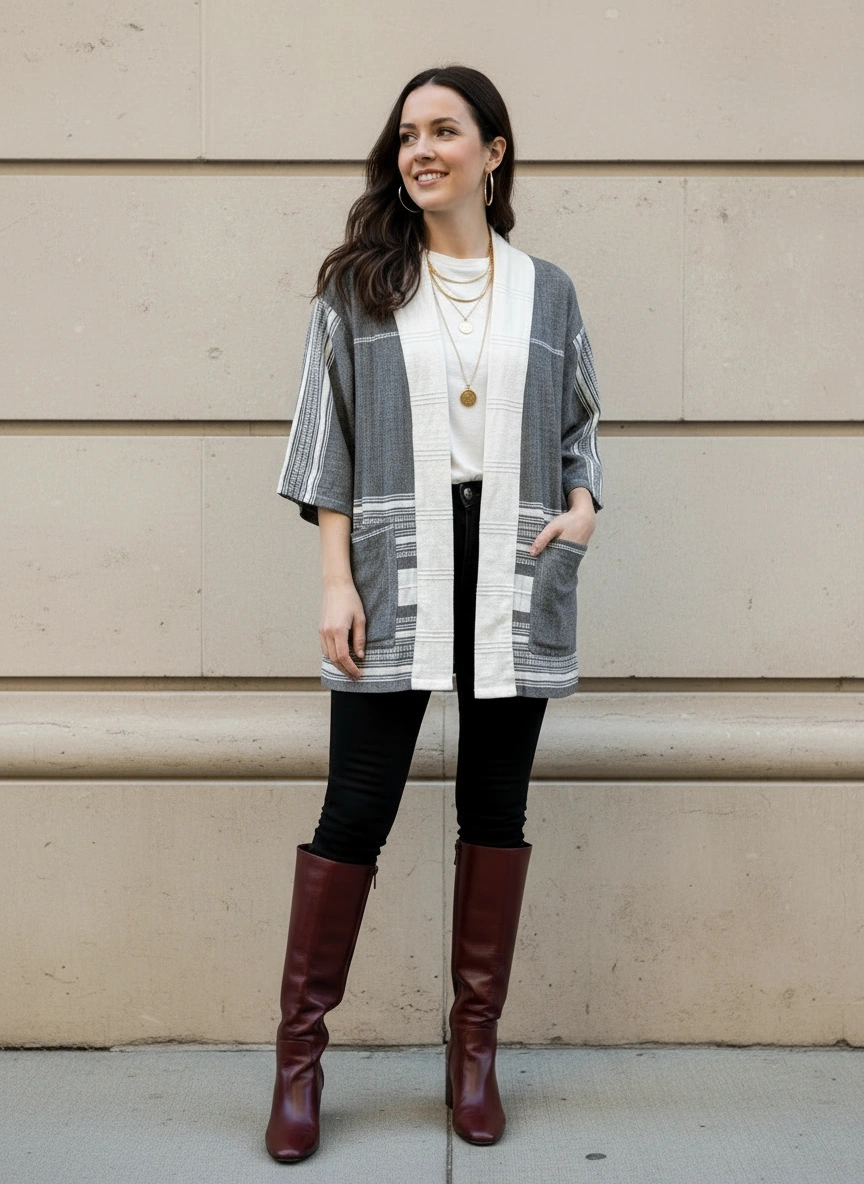 Model wearing the Zelalem Cardi in Obsidian Mist — a black-grey handwoven cotton cardigan draped open over a neutral outfit, photographed in natural light with a relaxed, effortless vibe
