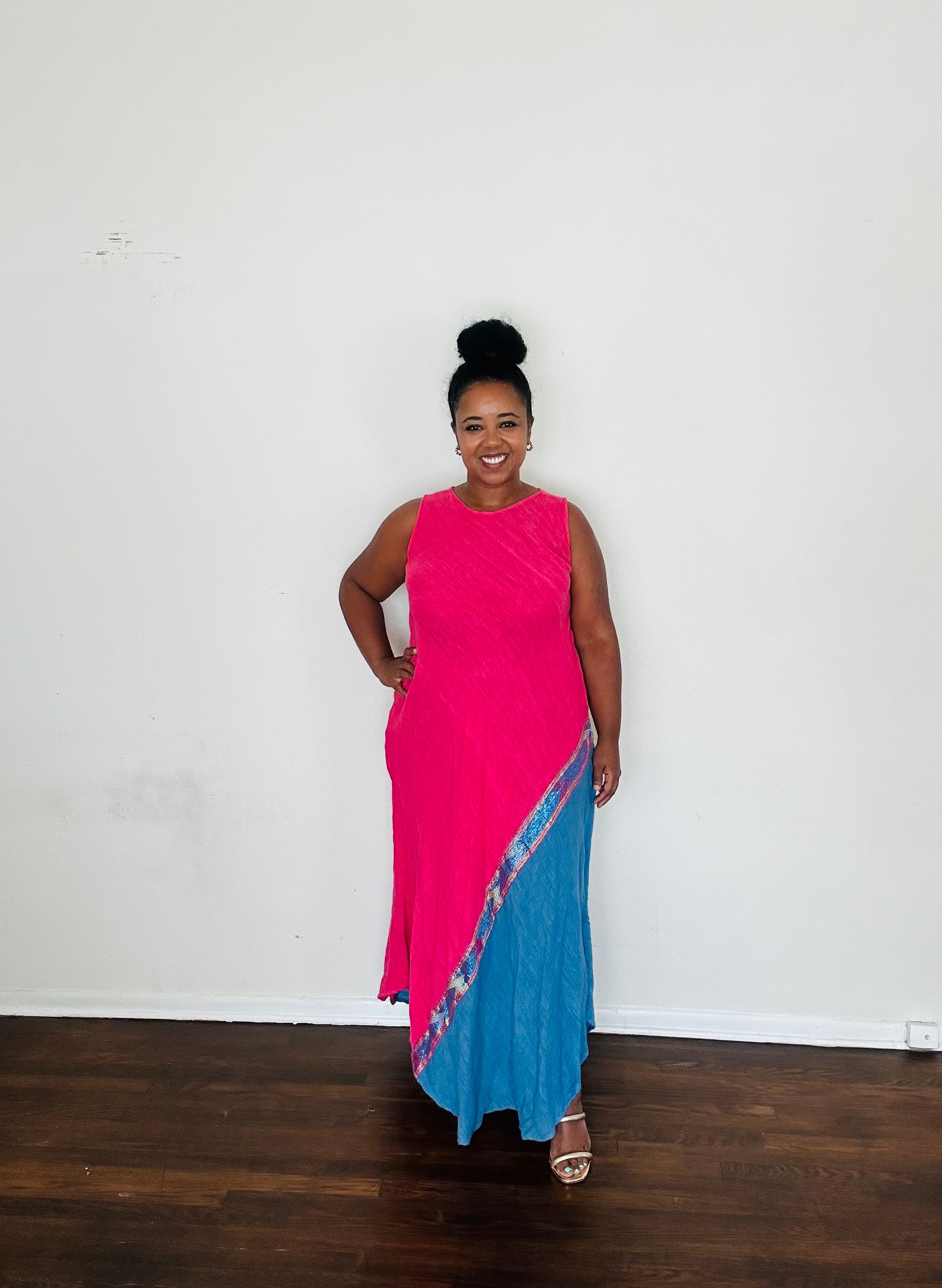 Naomi Dress Luna Fuschia — handmade 100% cotton maxi dress with asymmetrical tilet-inspired design, fuchsia bodice and deep blue skirt, crafted to elongate and flatter.