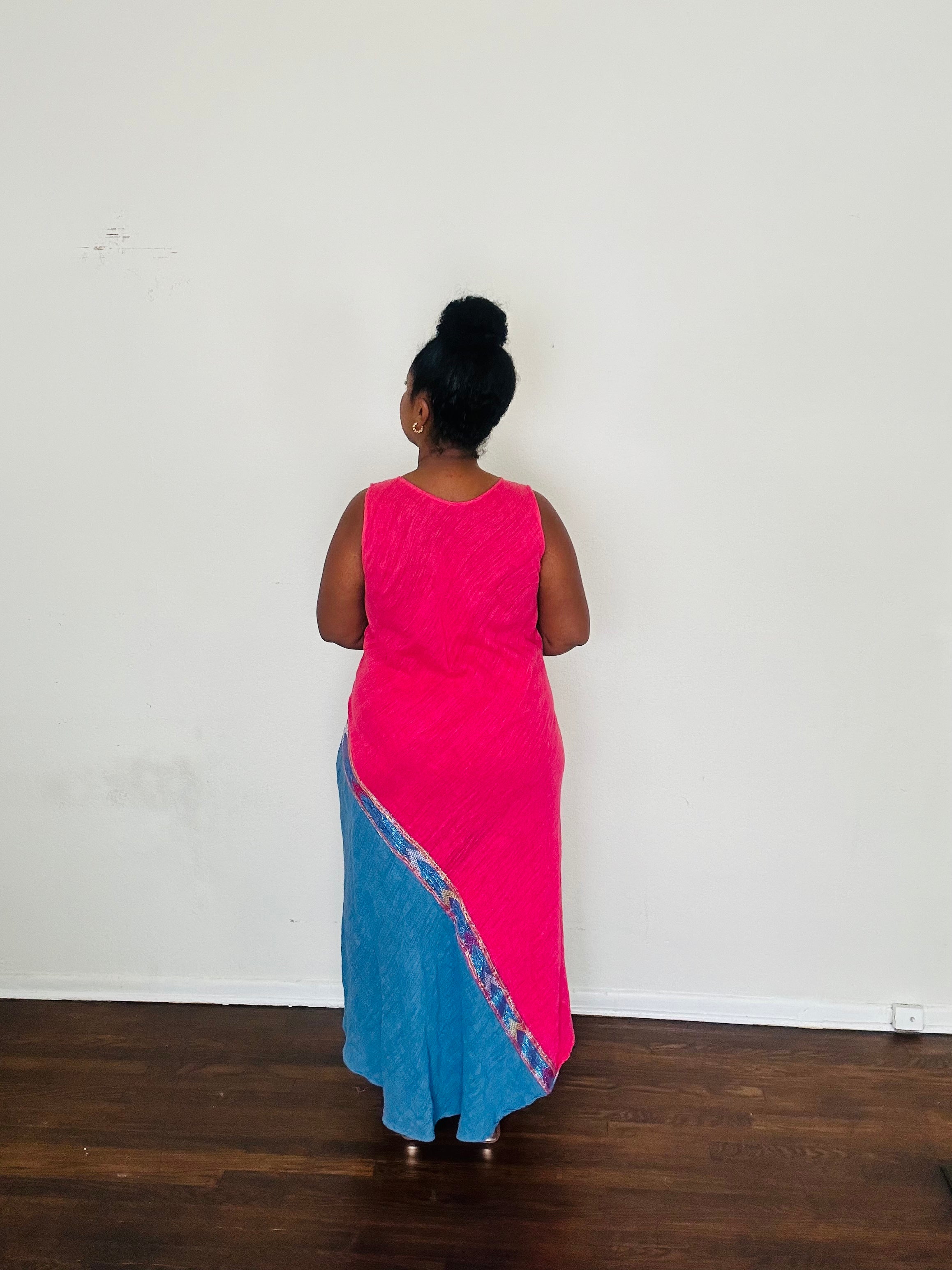 Naomi Dress Luna Fuschia — handmade 100% cotton maxi dress with asymmetrical tilet-inspired design, fuchsia bodice and deep blue skirt, crafted to elongate and flatter.