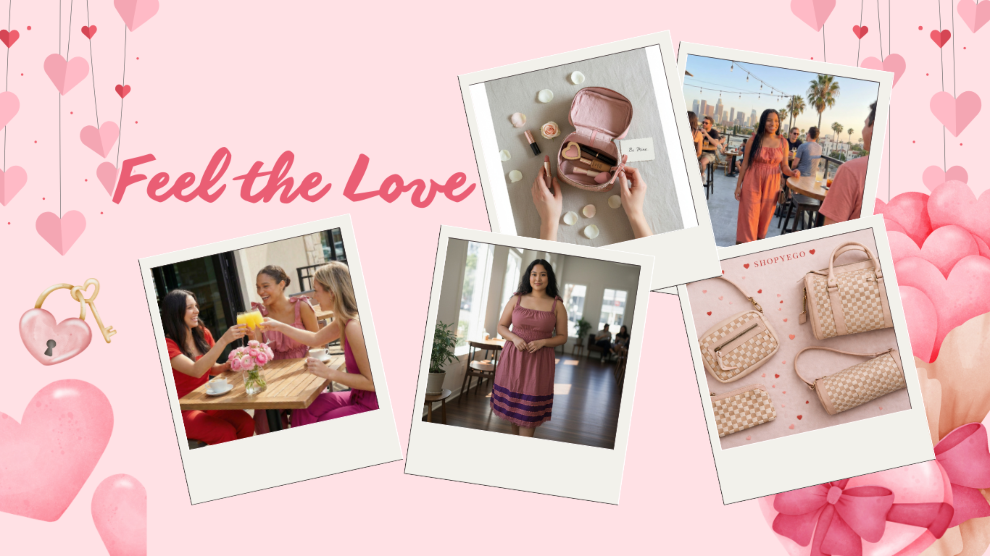 Collage of people and products with 'Feel the Love' text on a pink background with hearts.