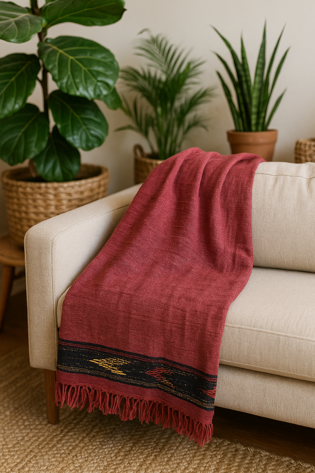 Plum Gabi Blanket draped over a couch