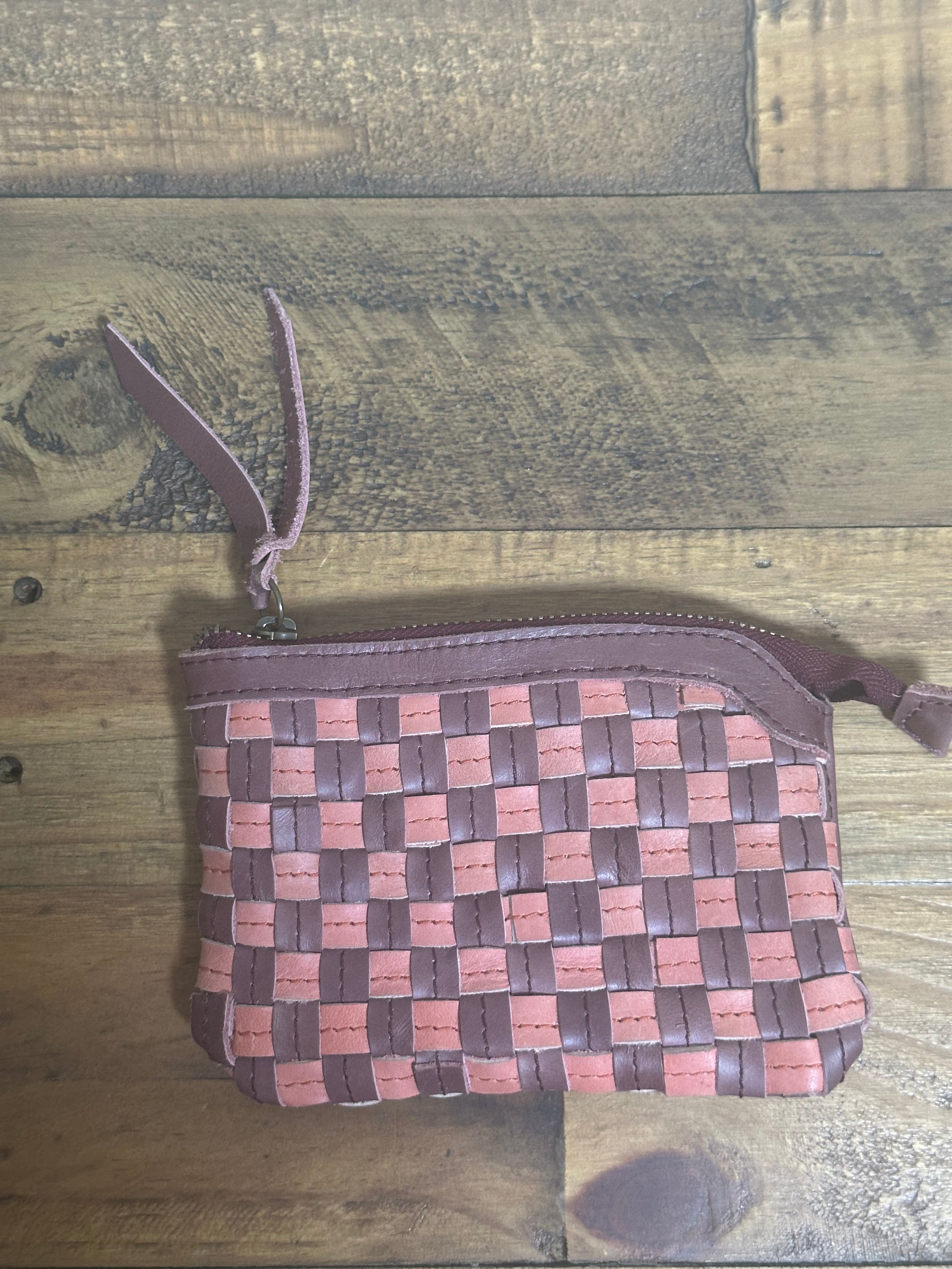 hashemene Wallet in Garnet Desert Rose, artisan-made with handwoven checkered detailing in dusty rose and plum upcycled leather.