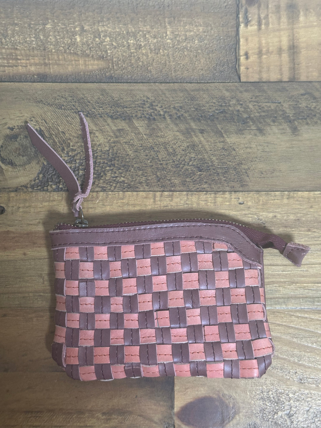 hashemene Wallet in Garnet Desert Rose, artisan-made with handwoven checkered detailing in dusty rose and plum upcycled leather.