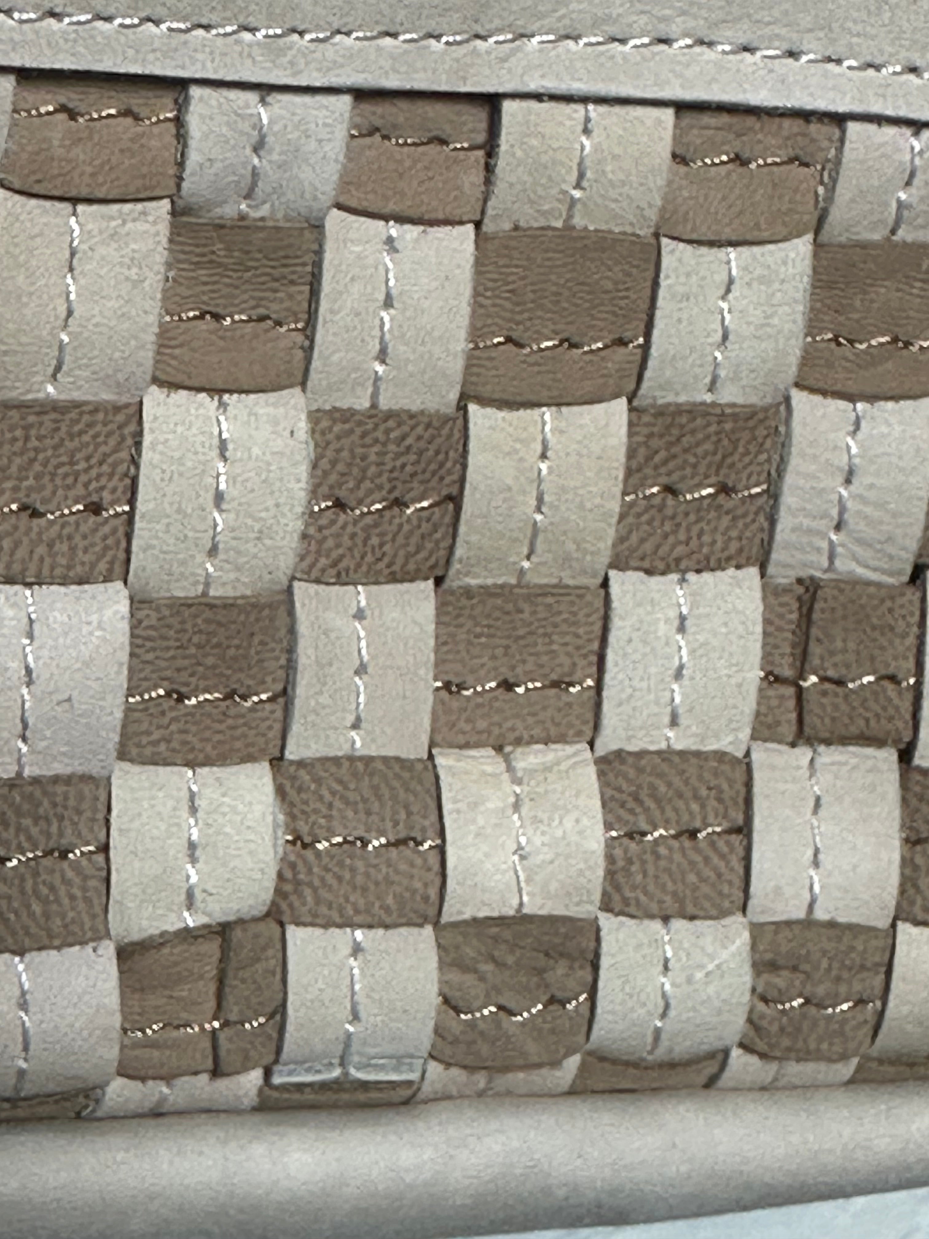 ShopYego Gode Mini Camera Bag Sahara Dune – artisan leather crossbody with off-white and sand checkered weave, versatile shoulder or crossbody wear, handmade in Ethiopia