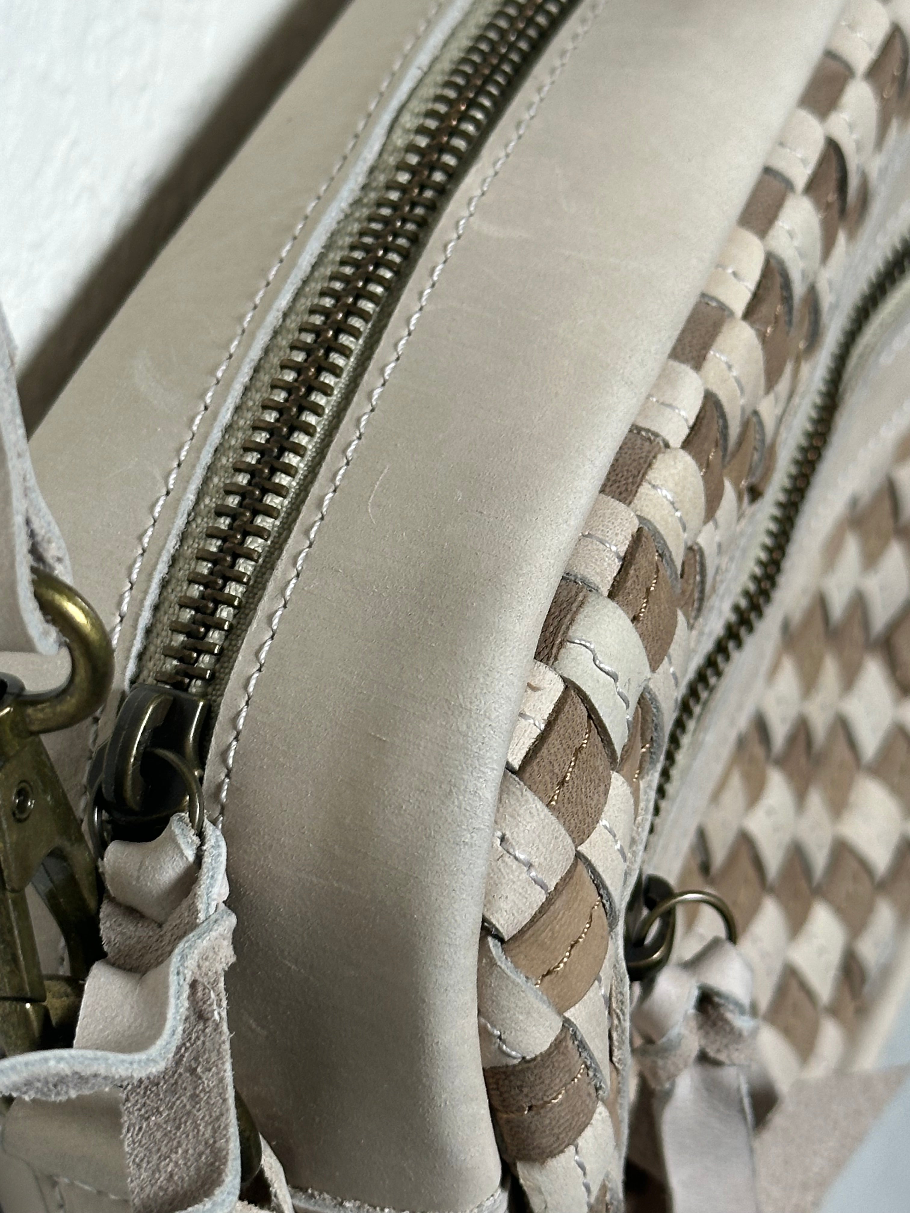 ShopYego Gode Mini Camera Bag Sahara Dune – artisan leather crossbody with off-white and sand checkered weave, versatile shoulder or crossbody wear, handmade in Ethiopia