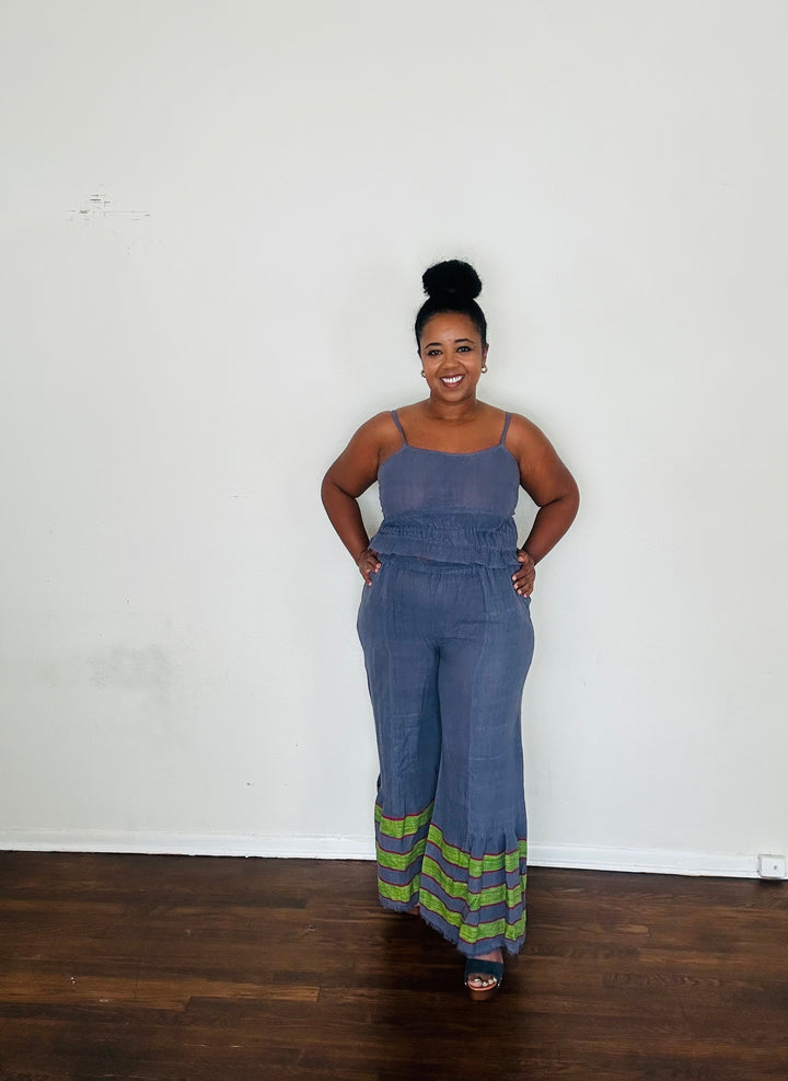 Melat Pants Slate Drift — handmade 100% cotton slip-on trousers with high rise, front seam, side pockets, and flared hem in grey with a subtle blue undertone.