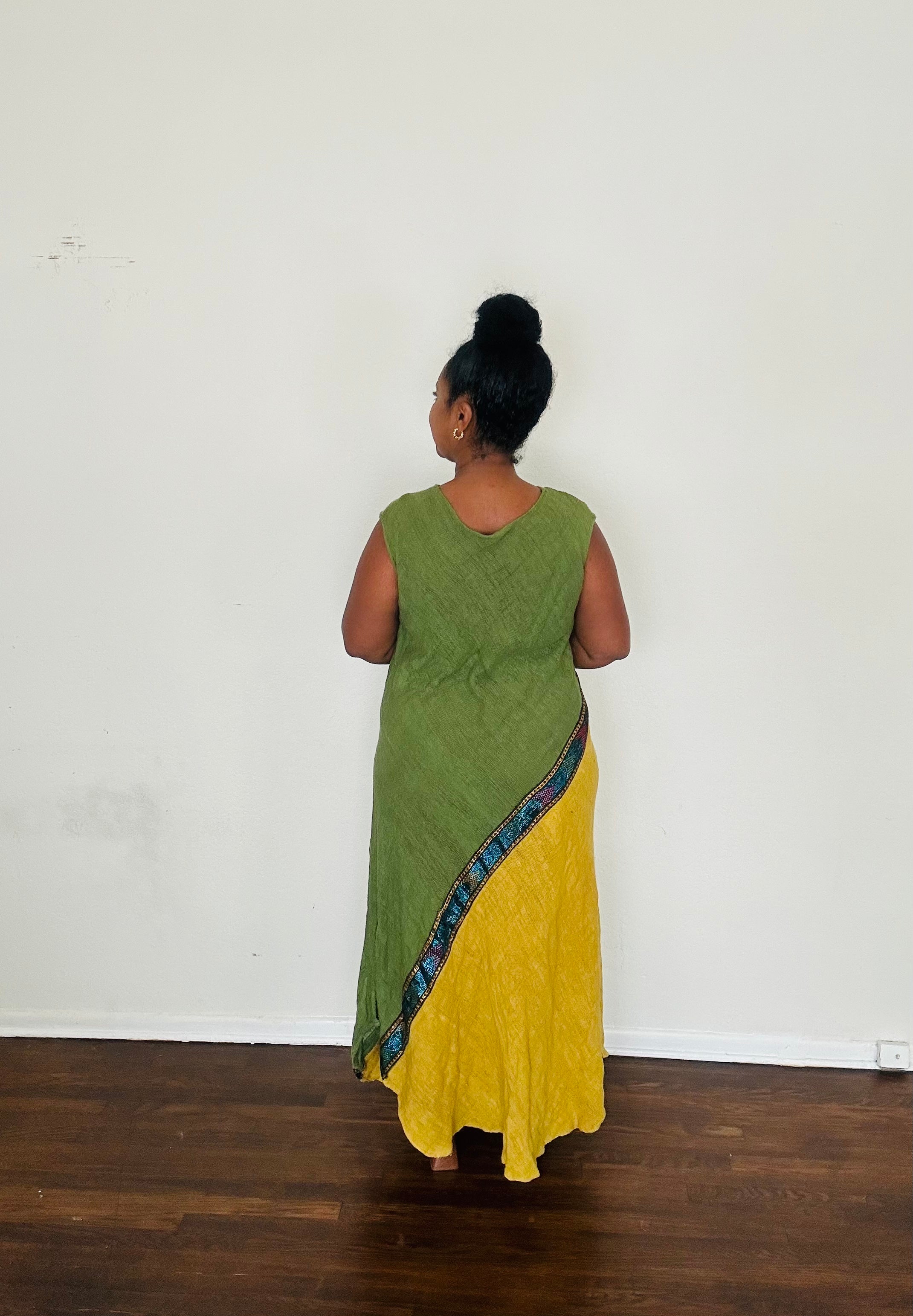 Naomi Dress in Sage Earth — handmade 100% cotton maxi dress with asymmetrical tilet-inspired design in warm yellow-khaki tones, designed to elongate and flatter.