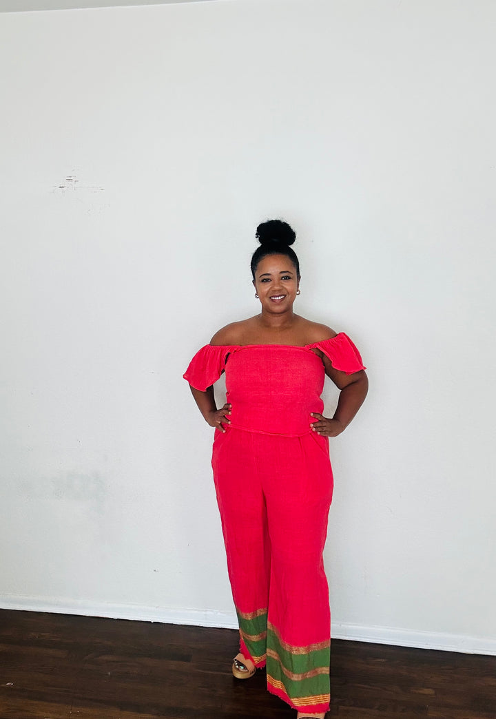 Rahel Pants Lush Fuschia — handmade 100% cotton pants with relaxed silhouette, elastic waist, side pockets, and bold fuchsia body accented by a contrasting green striped hem.