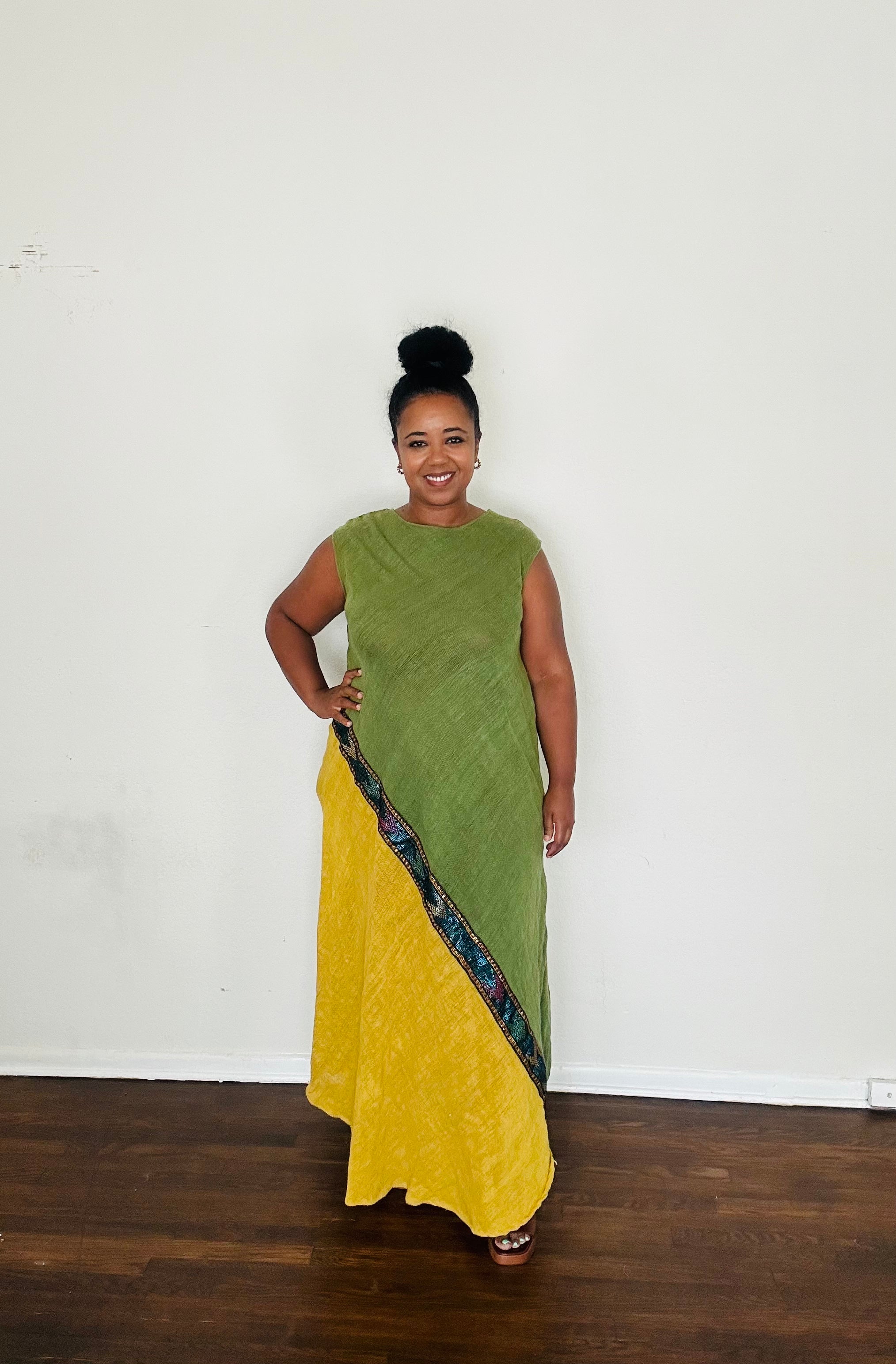 Naomi Dress in Sage Earth — handmade 100% cotton maxi dress with asymmetrical tilet-inspired design in warm yellow-khaki tones, designed to elongate and flatter.