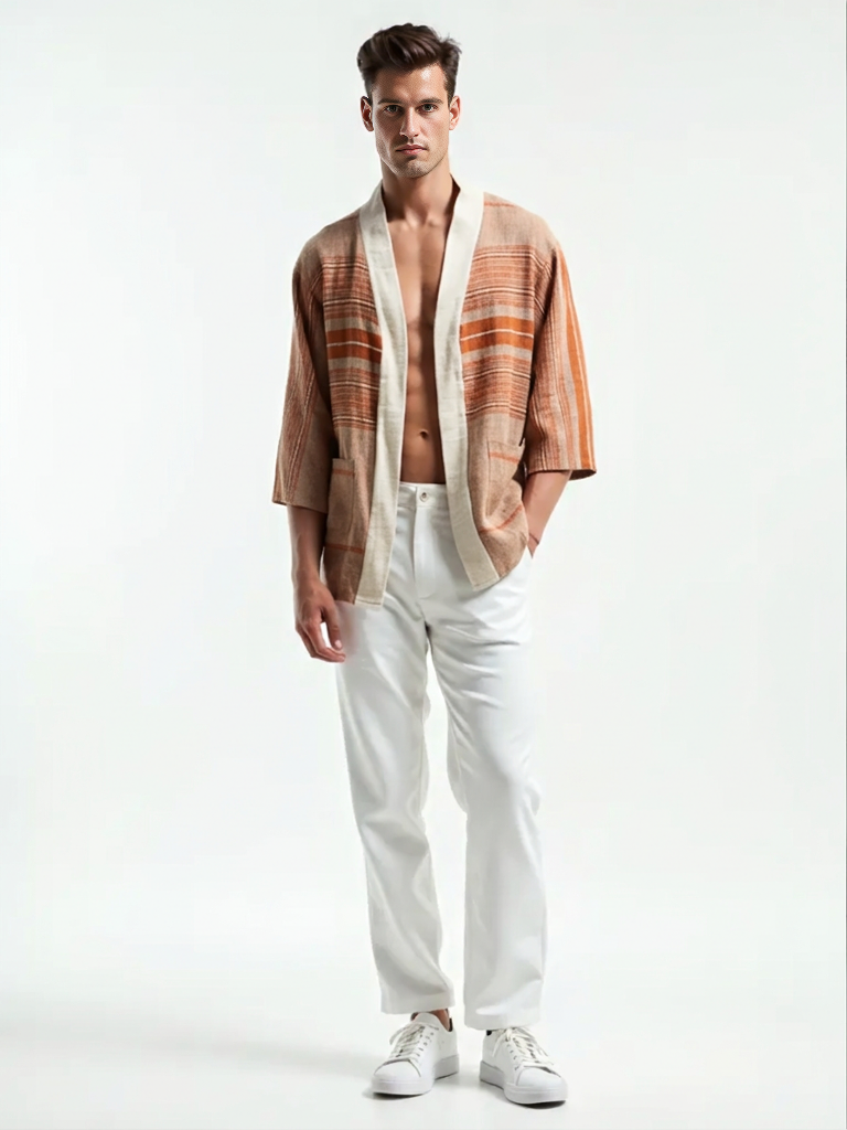 Handmade Zelalem Cardi in Terracotta Horizon — terracotta and rust striped cotton cardigan, 100% cotton, breathable, perfect for fall layering.