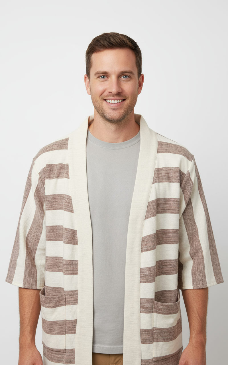 Handmade Zelalem Cardi in Earthstone Stripe — brown and cream striped cotton cardigan, 100% cotton, soft to the skin, versatile for everyday wear.