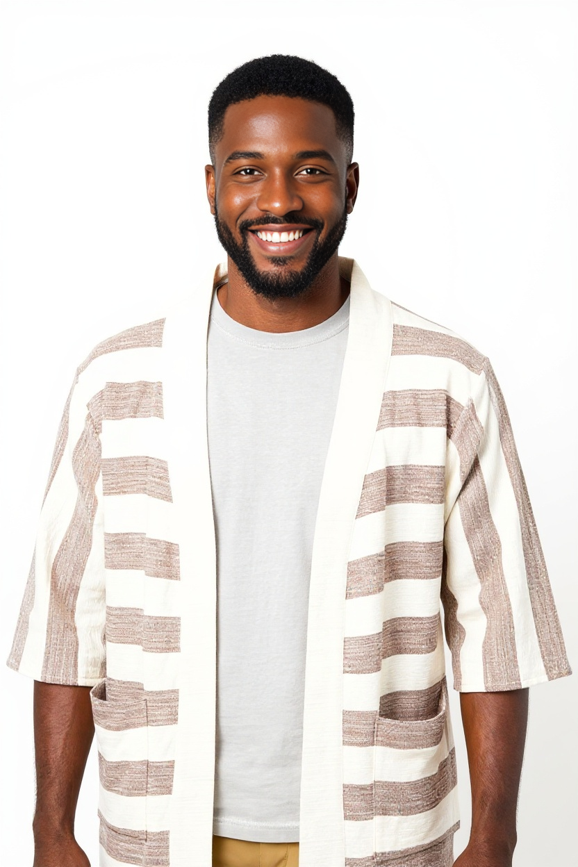 Handmade Zelalem Cardi in Earthstone Stripe — brown and cream striped cotton cardigan, 100% cotton, soft to the skin, versatile for everyday wear.