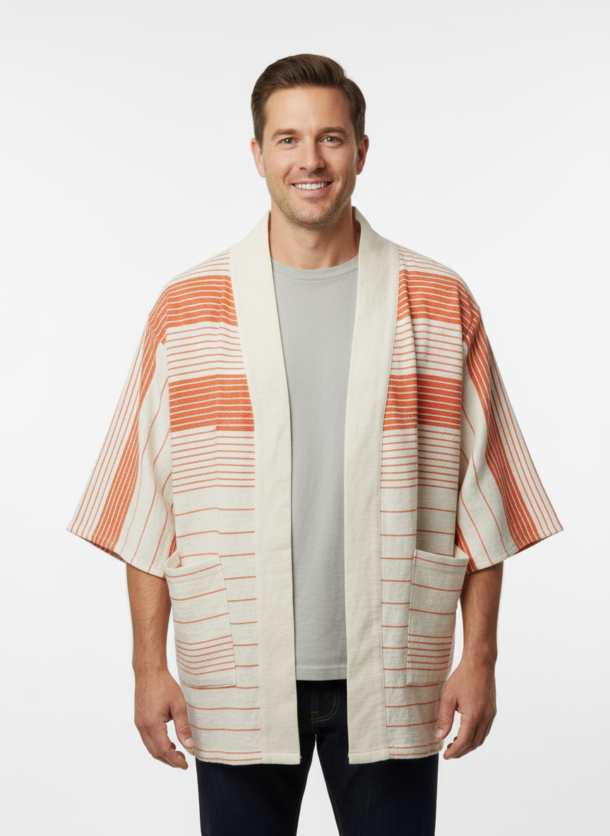 Handmade Zelalem Cardi in Solar Orange — persimmon and cream striped cotton cardigan, 100% cotton, breathable, soft transitional layer.