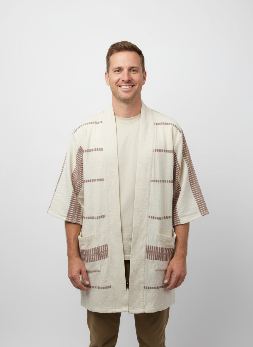 Handmade Zelalem Cardi in Cloudstone Stripe — grey and cream striped cotton cardigan, 100% cotton, soft and versatile for everyday wear.