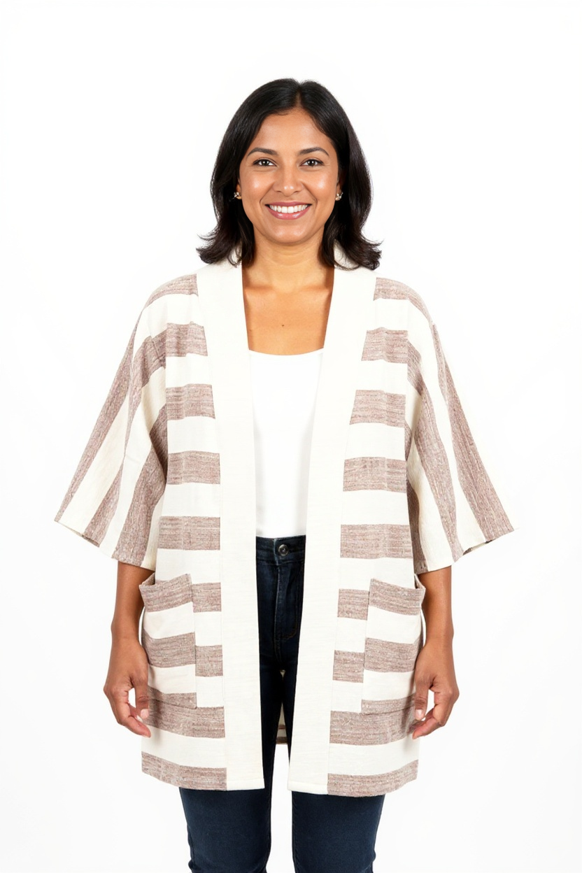 Handmade Zelalem Cardi in Earthstone Stripe — brown and cream striped cardigan, 100% cotton, soft to the skin, versatile for everyday wear.