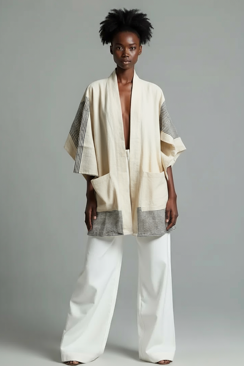 Handmade Zelalem Cardi in Noir Essence — black and ivory striped cardigan, 100% cotton, soft, versatile for everyday style.