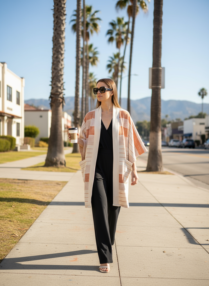 Handmade Zelalem Cardi in Solar Orange — persimmon and cream striped cardigan, 100% cotton, breathable, soft transitional layer.