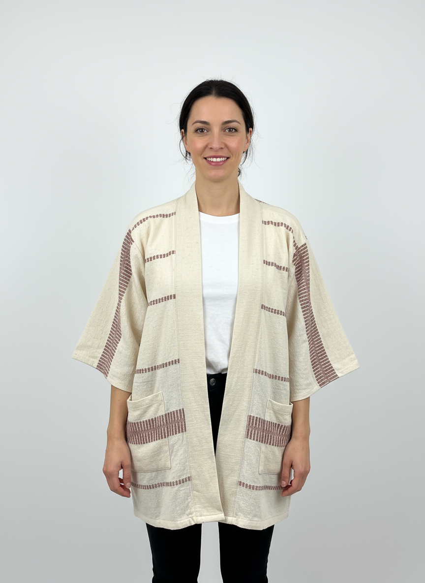 Handmade Zelalem Cardi in Stone Mist — ash grey and cream striped cardigan, 100% cotton, soft, breathable, versatile everyday layer.
