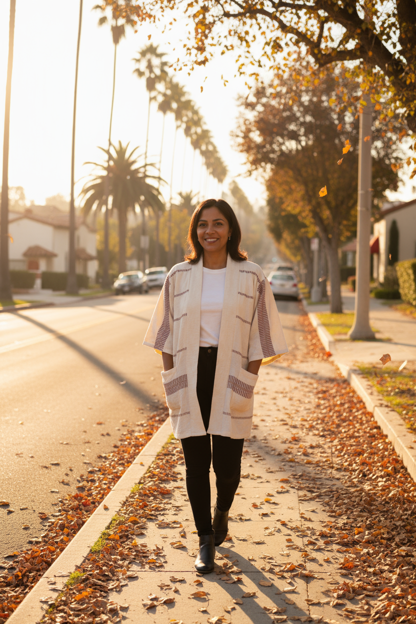 Model walking sidewalk in Los Angeles with fall wearing Handmade Zelalem Cardi in Stone Mist — ash grey and cream striped cardigan, 100% cotton, soft, breathable, versatile everyday layer.