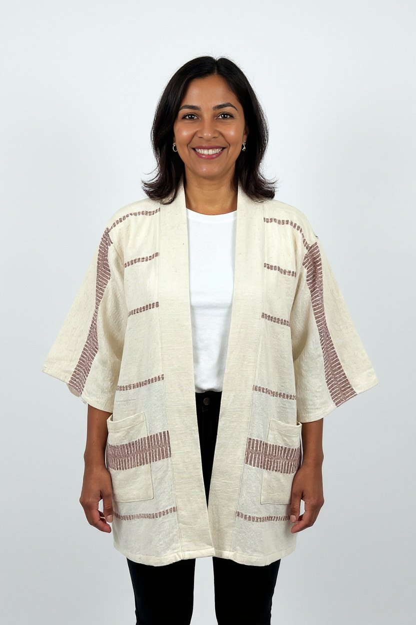 Handmade Zelalem Cardi in Stone Mist — ash grey and cream striped cardigan, 100% cotton, soft, breathable, versatile everyday layer.