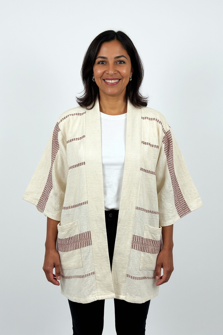 Handmade Zelalem Cardi in Stone Mist — ash grey and cream striped cardigan, 100% cotton, soft, breathable, versatile everyday layer.