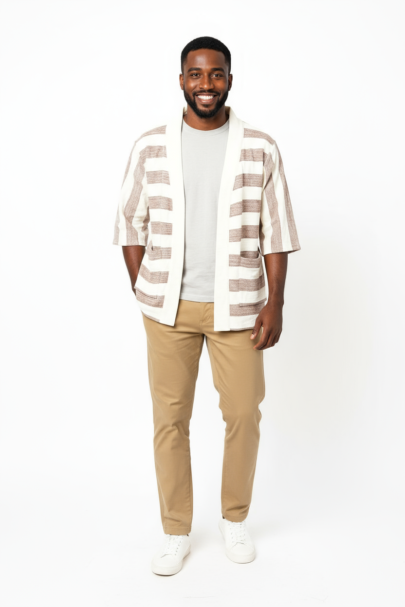Handmade Zelalem Cardi in Earthstone Stripe — brown and cream striped cotton cardigan, 100% cotton, soft to the skin, versatile for everyday wear.
