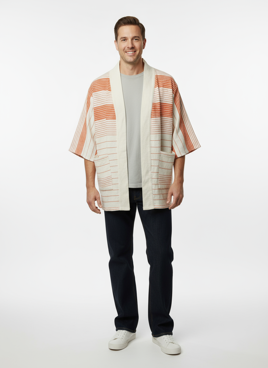 Handmade Zelalem Cardi in Solar Orange — persimmon and cream striped cotton cardigan, 100% cotton, breathable, soft transitional layer.