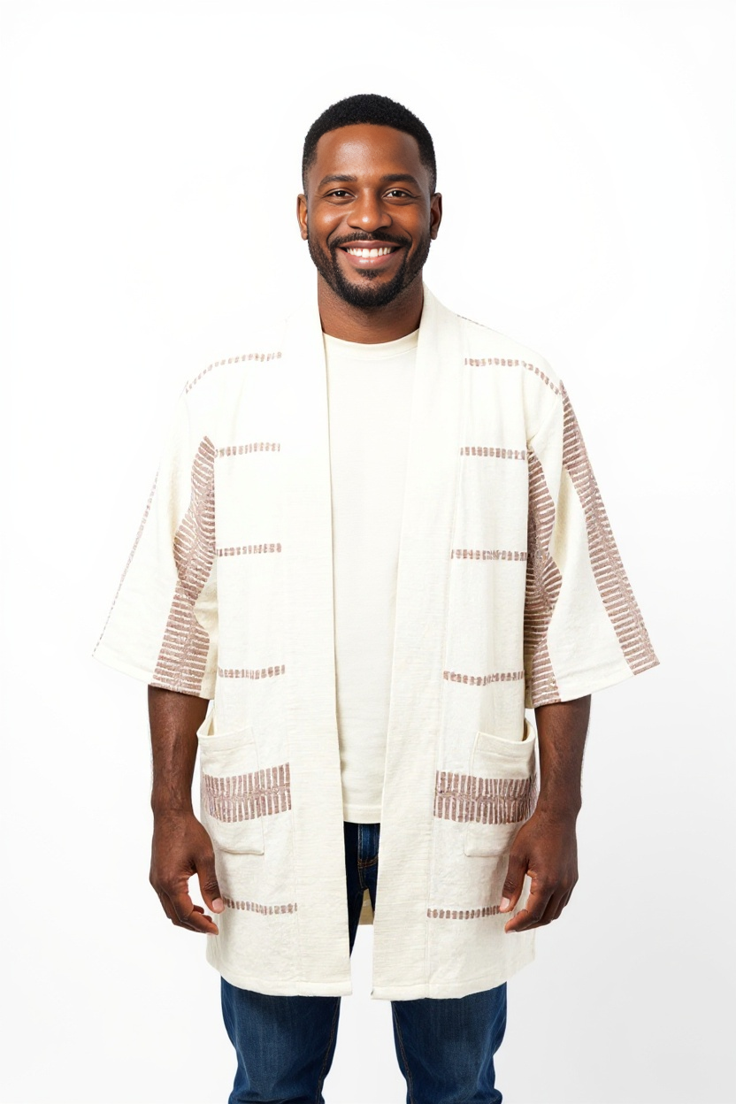 Handmade Zelalem Cardi in Cloudstone Stripe — grey and cream striped cotton cardigan, 100% cotton, soft and versatile for everyday wear.