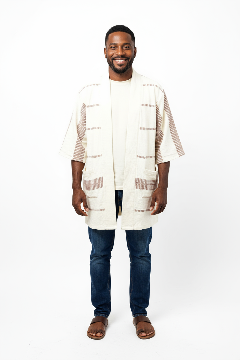 Handmade Zelalem Cardi in Cloudstone Stripe — grey and cream striped cotton cardigan, 100% cotton, soft and versatile for everyday wear.