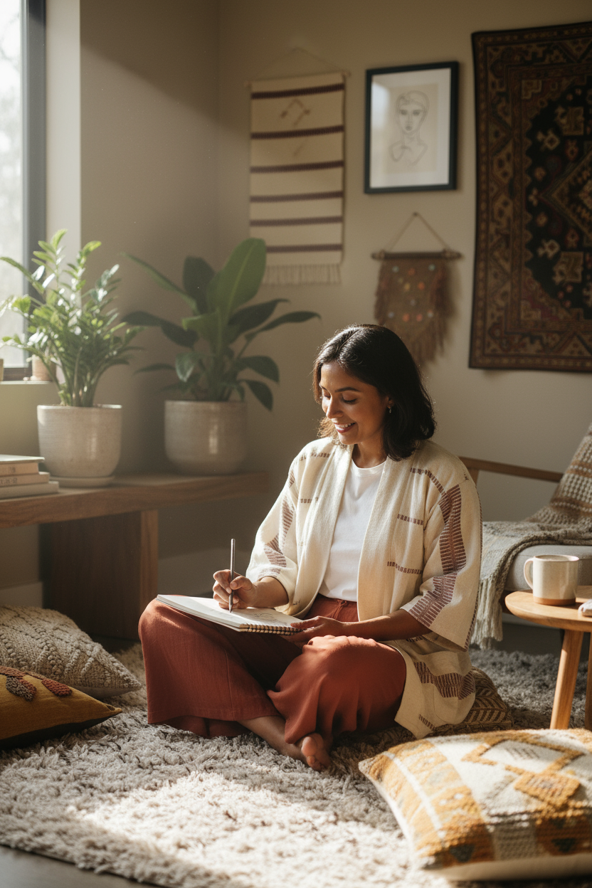 Model wearing Zelalem Cardi in Stone Mist, artisan-made grey and cream cotton cardigan styled for loungewear