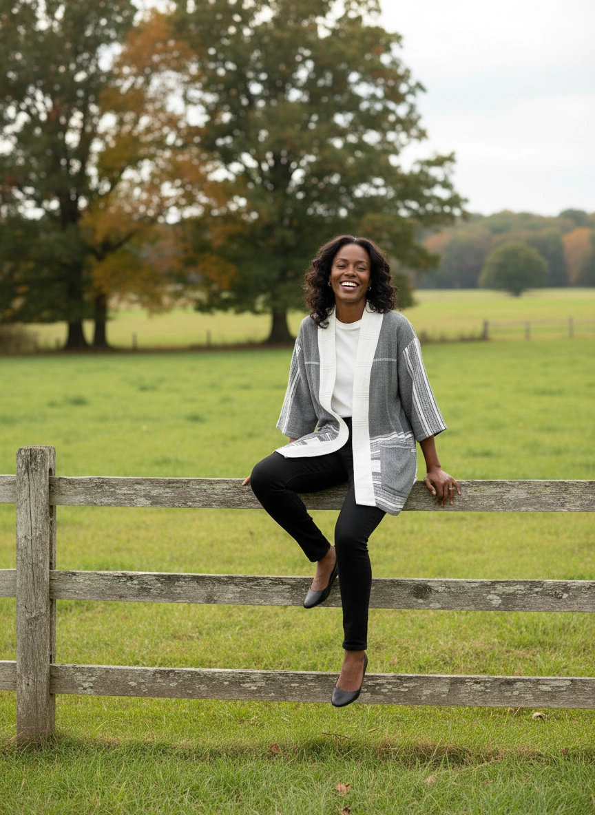 Woman sitting on a wooden fence in a grassy field with trees in the background wearing handmade cotton cardigan 