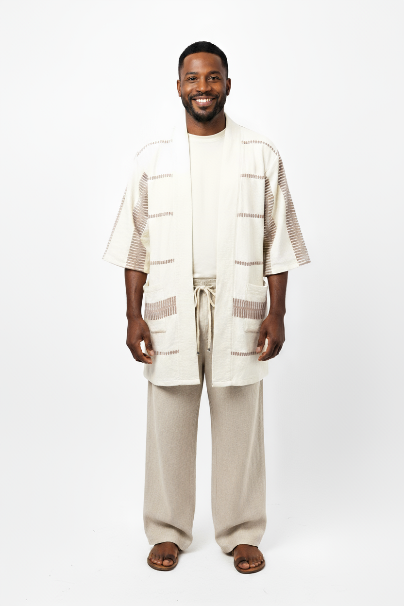 Handmade Zelalem Cardi in Cloudstone Stripe — grey and cream striped cotton cardigan, 100% cotton, soft and versatile for everyday wear.