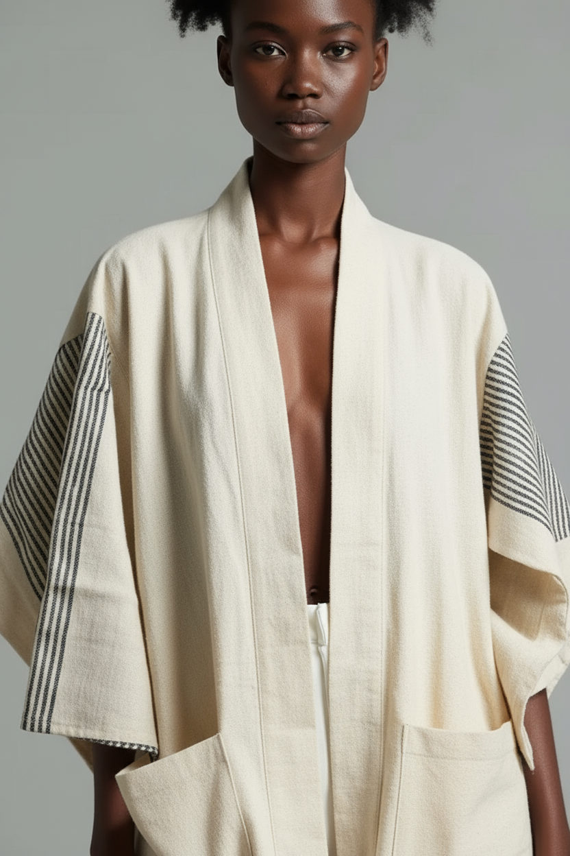 Handmade Zelalem Cardi in Noir Essence — black and ivory striped cardigan, 100% cotton, soft, versatile for everyday style.