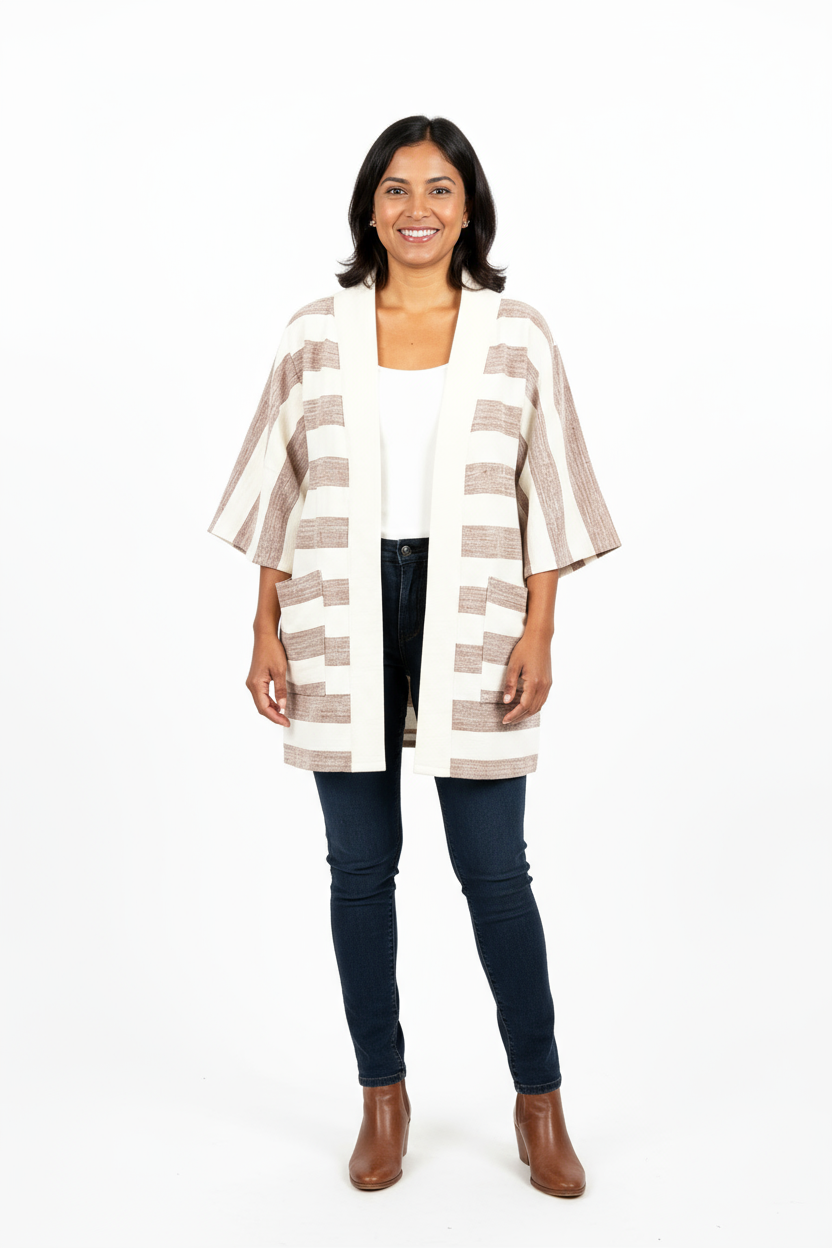 Handmade Zelalem Cardi in Earthstone Stripe — brown and cream striped cardigan, 100% cotton, soft to the skin, versatile for everyday wear.