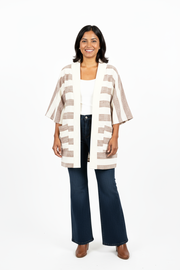 Handmade Zelalem Cardi in Earthstone Stripe — brown and cream striped cardigan, 100% cotton, soft to the skin, versatile for everyday wear.
