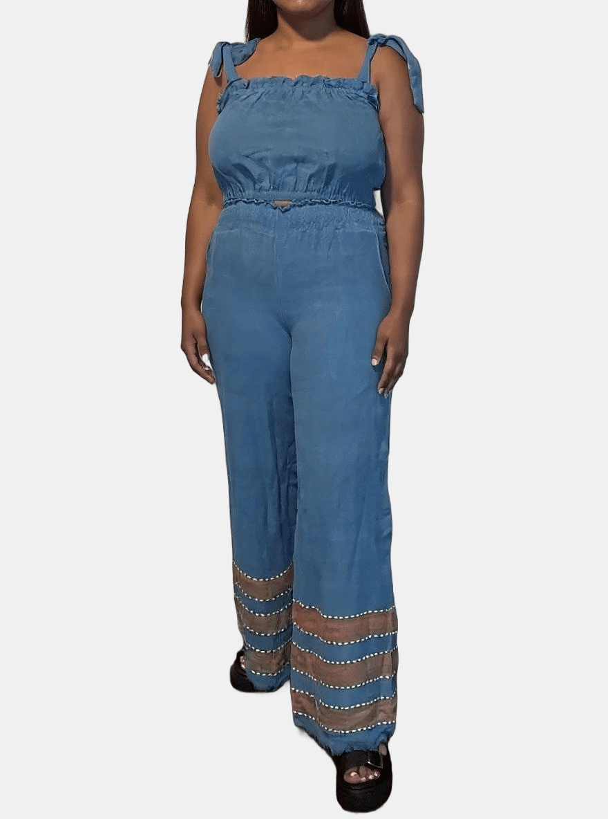 Kidist Pants Azure Blue — handmade 100% cotton wide-leg trousers with elastic waistband, side pockets, and flowing fit