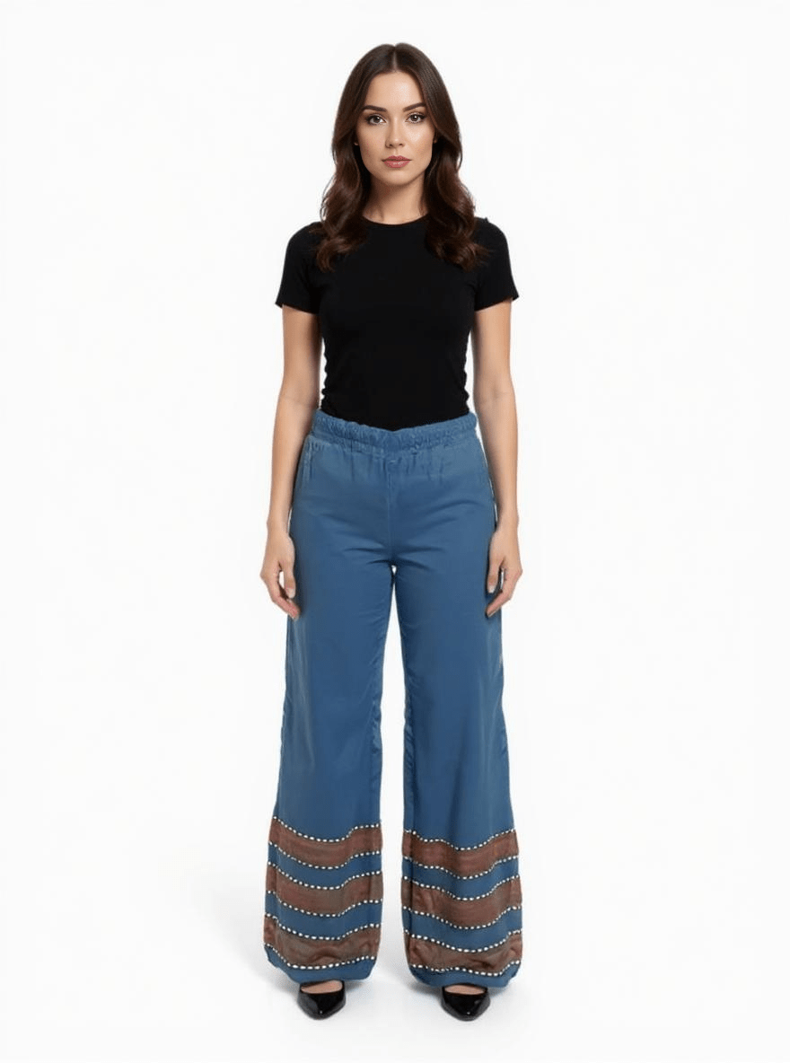 Kidist Pants Azure Blue — handmade 100% cotton wide-leg trousers with elastic waistband, side pockets, and flowing fit
