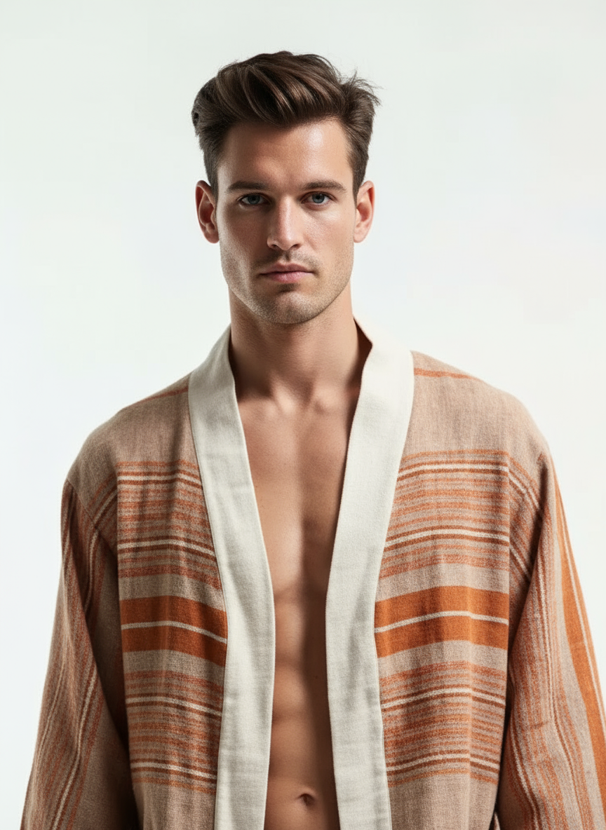 Handmade Zelalem Cardi in Terracotta Horizon — terracotta and rust striped cotton cardigan, 100% cotton, breathable, perfect for fall layering.